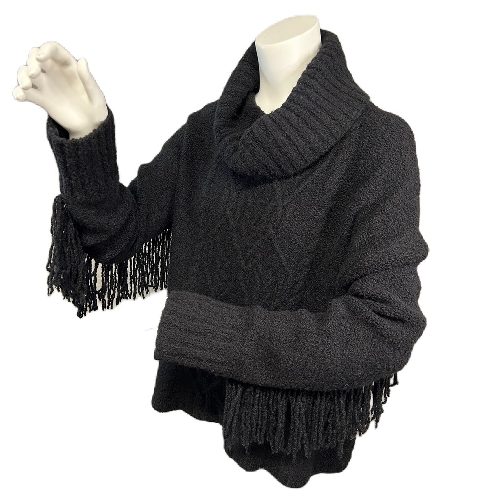 Shyanne Women Country Western Cable Knit Sweater Size‎ XL Fringe Cowl Neck Black